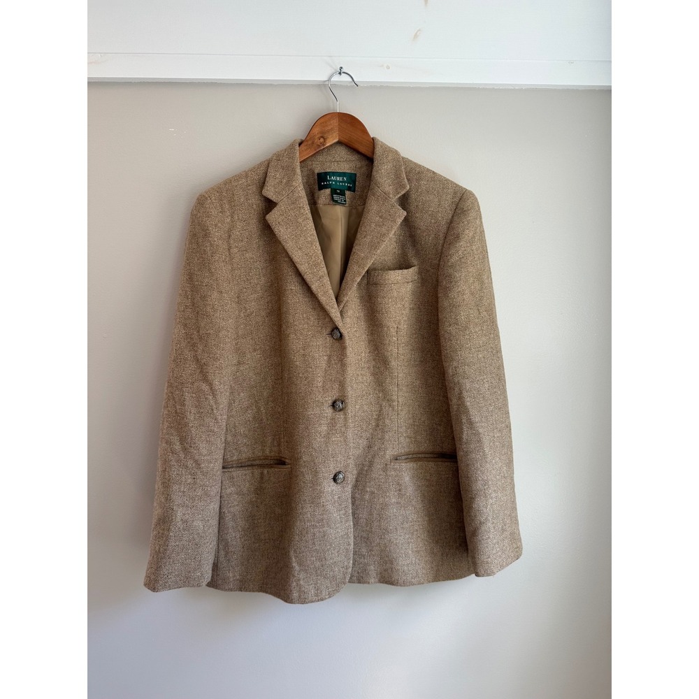 Lauren Ralph Lauren Wool Blazer Womens 12 Tan EUC Leather Trim Crest Buttons‎